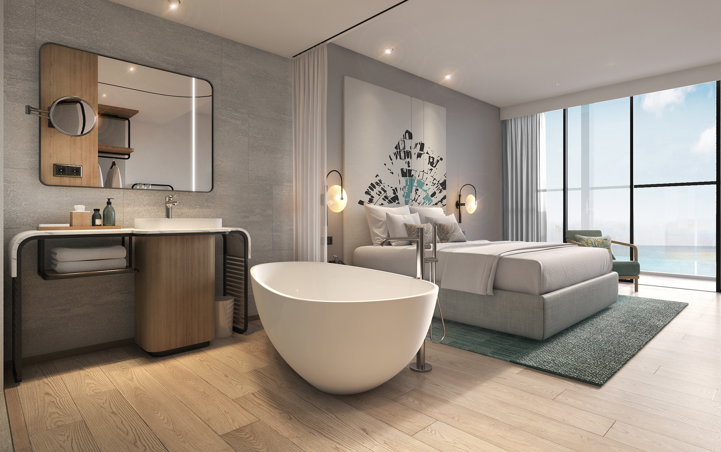Phòng Suite Standard Double: oại phòng sang trọng bậc nhất được bố trí trước biển với diện tích 62m2 gồm phòng khách đầy đủ tiện nghi và rộng rãi, còn phòng ngủ chính là không gian thoải mái với giường 2mx2m và không gian sinh hoạt riêng biệt - Ảnh: ANYA Premier Hotel