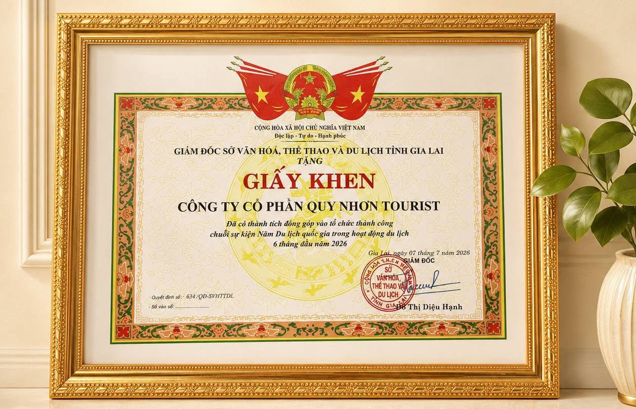 Giấy khen Sở Văn hoá, thể thao và Du lịch Gia Lai - Quy Nhơn Tourist